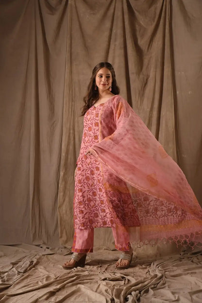 Women's Beautiful Roman Linen Slub Fabric Printed Work Straight Kurta Pant and Dupatta Set