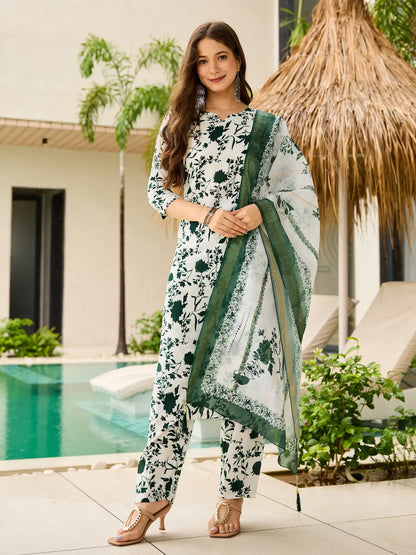 Women's Beautiful Silk Blend Fabric Printed Work Straight Kurta Pant and Dupatta Set