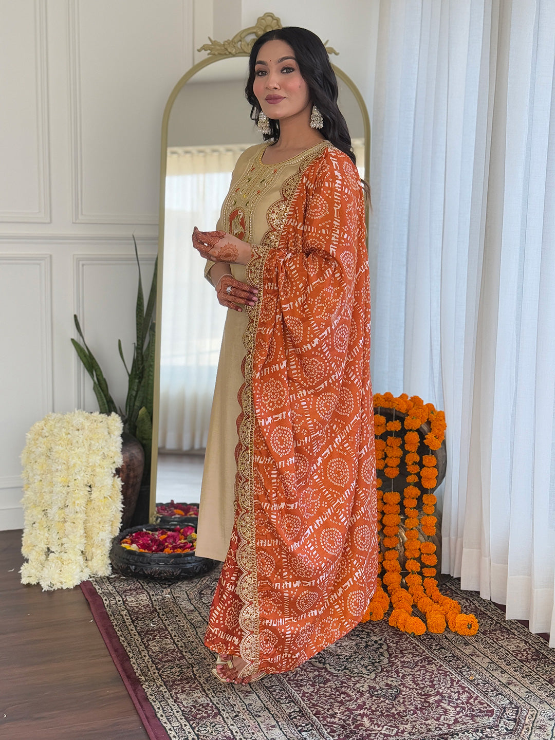 Women's Chiku Embroidered Viscose Fabric Straight Kurta, Pant and Dupatta Set