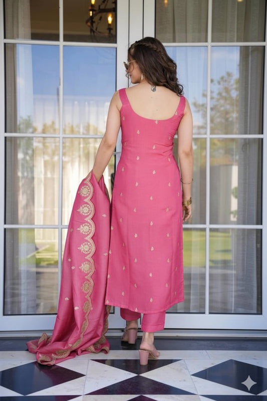 Women Viscose Zari Chanderi Fabric Embroidery Work Straight Kurta, Pant and Dupatta Set