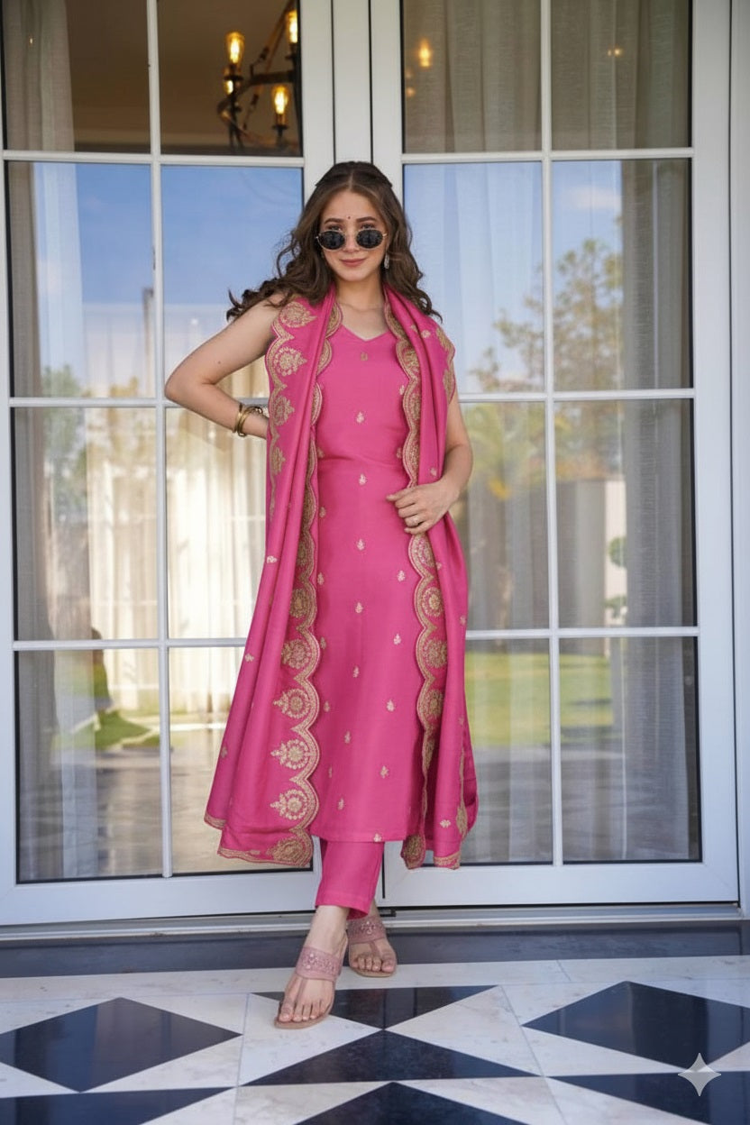Women Viscose Zari Chanderi Fabric Embroidery Work Straight Kurta, Pant and Dupatta Set