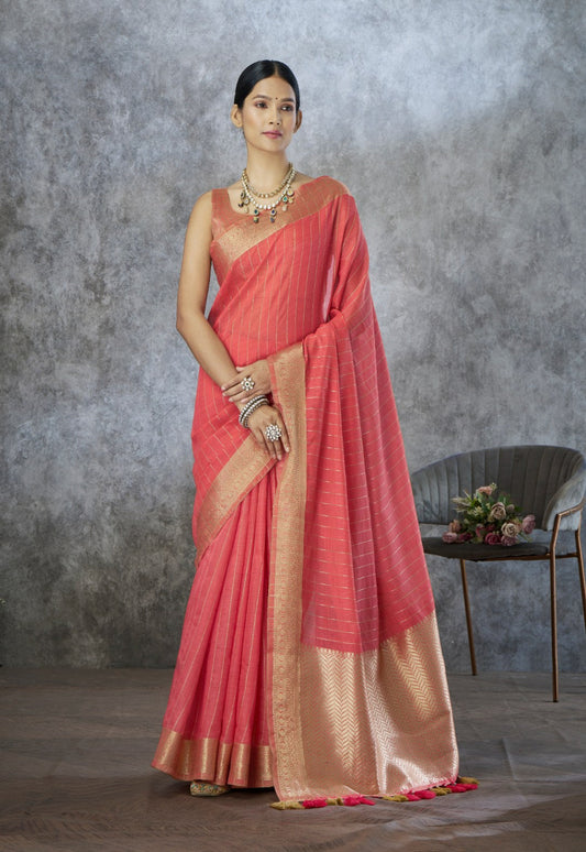 Red corron silk zari woven work saree with blouse piece