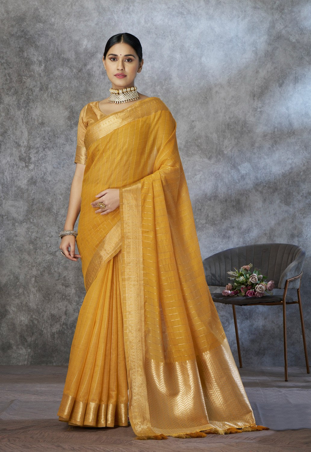 Mustard corron silk zari woven work saree with blouse piece