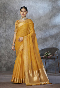 Mustard corron silk zari woven work saree with blouse piece