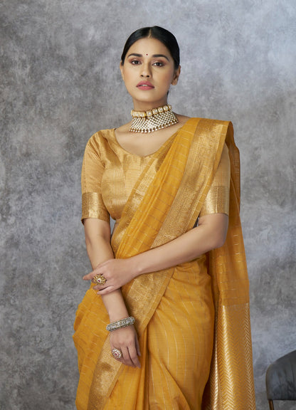Mustard corron silk zari woven work saree with blouse piece