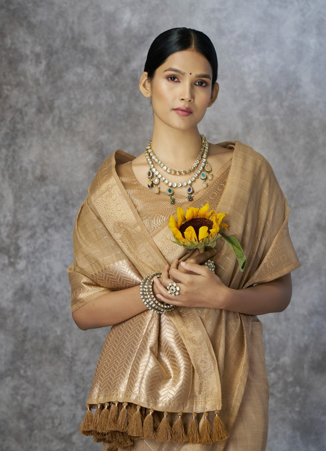Dark Beige corron silk zari woven work saree with blouse piece
