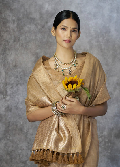 Dark Beige corron silk zari woven work saree with blouse piece