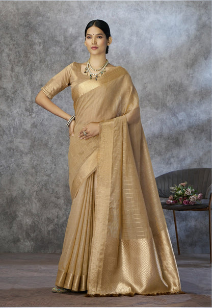 Dark Beige corron silk zari woven work saree with blouse piece