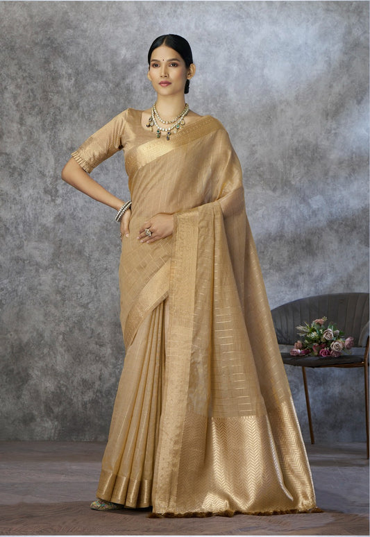 Dark Beige corron silk zari woven work saree with blouse piece