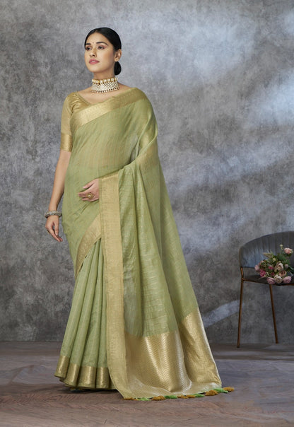 Green corron silk zari woven work saree with blouse piece