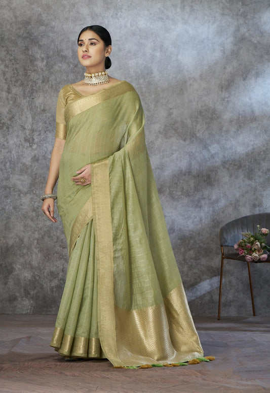 Green corron silk zari woven work saree with blouse piece