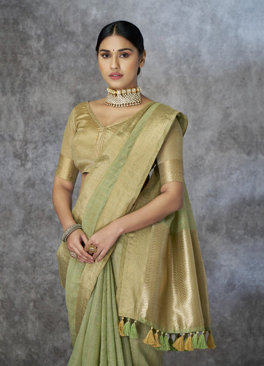 Green corron silk zari woven work saree with blouse piece