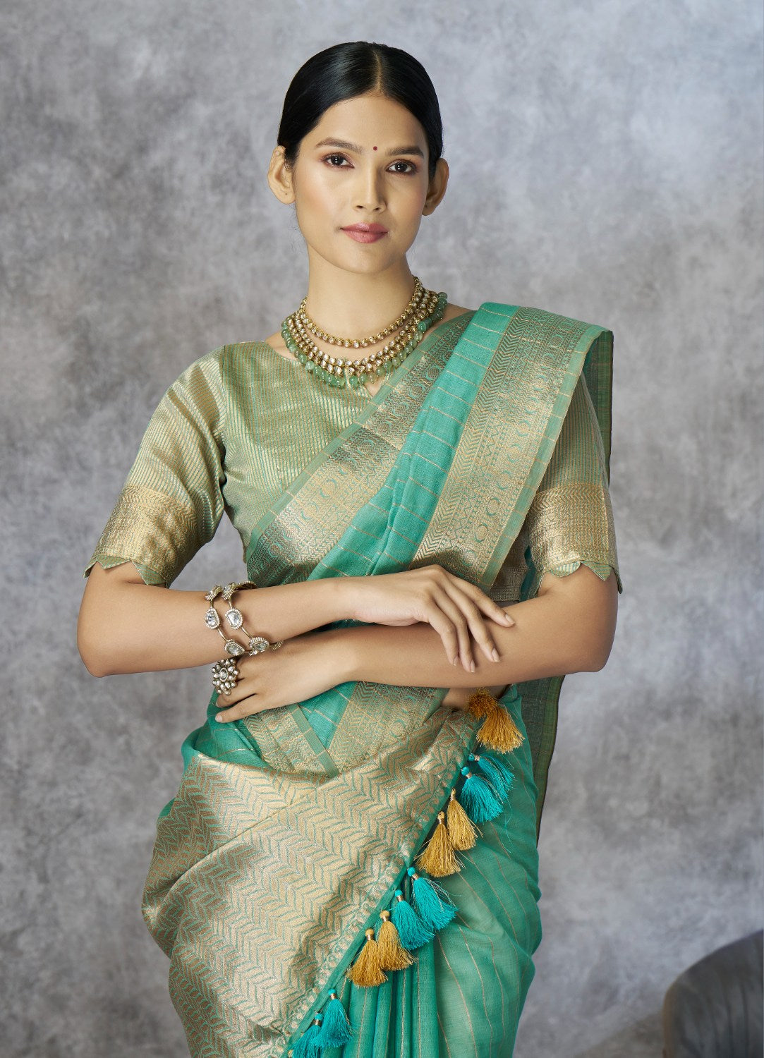 mint corron silk zari woven work saree with blouse piece