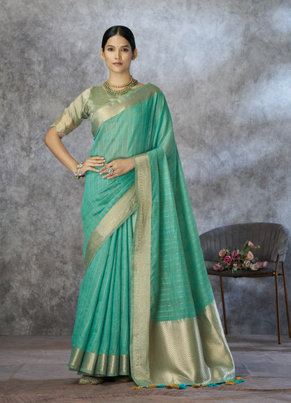 mint corron silk zari woven work saree with blouse piece