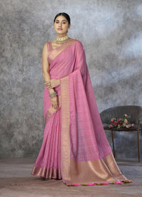 Pink corron silk zari woven work saree with blouse piece