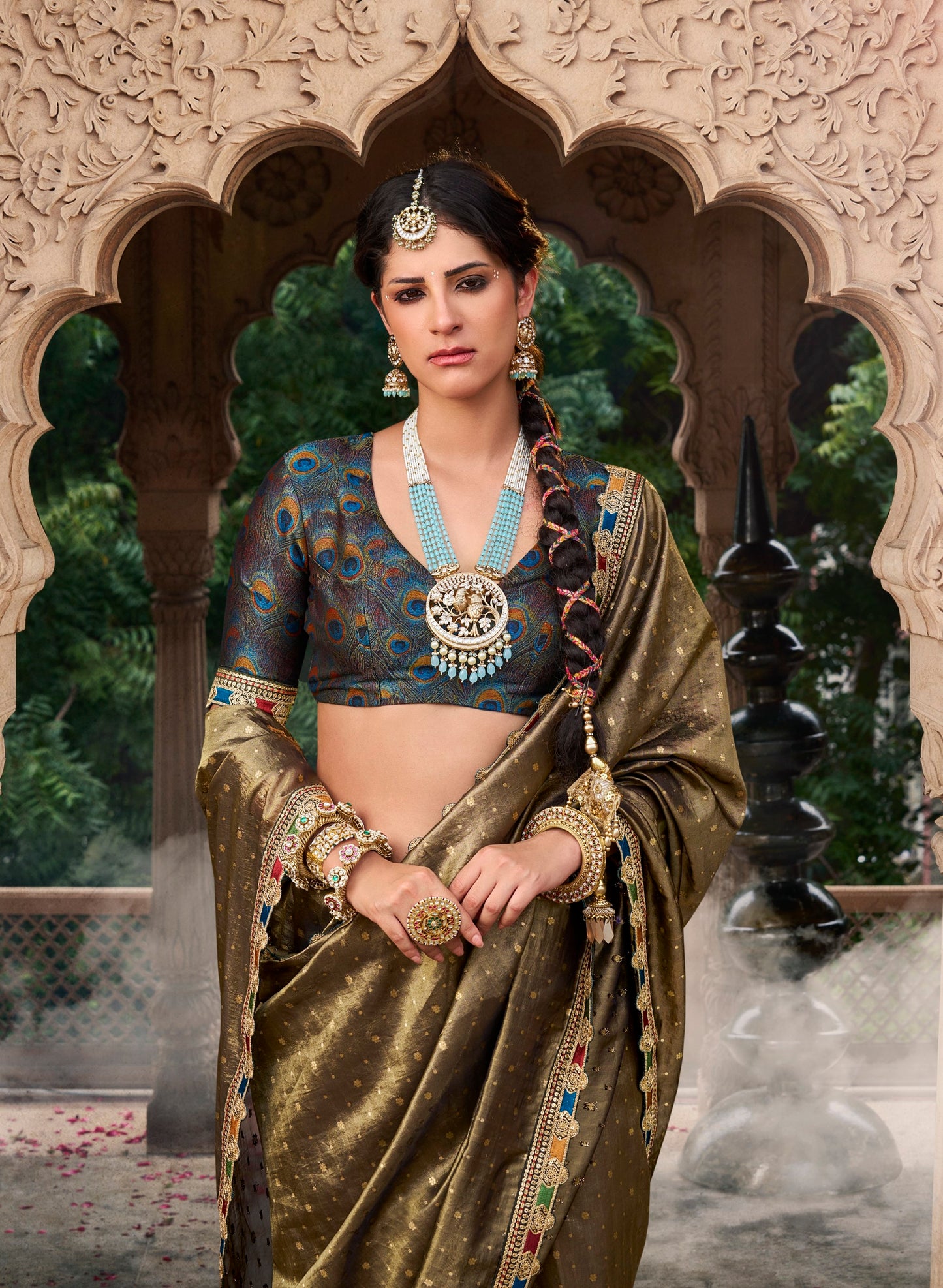 Designer Dark Mehendi Weaving Soft Tissue Silk Saree With Designer Blouse