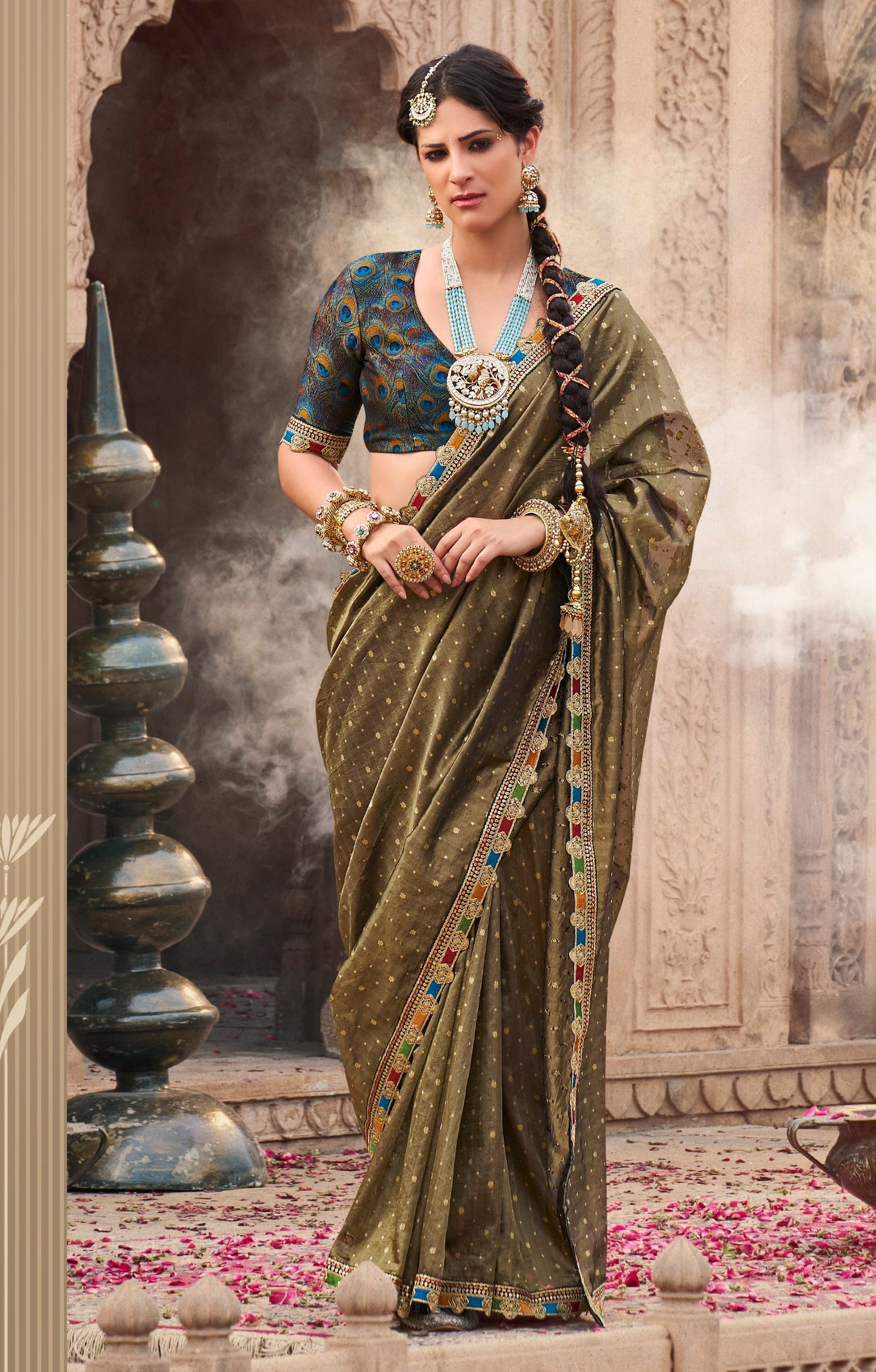 Designer Dark Mehendi Weaving Soft Tissue Silk Saree With Designer Blouse