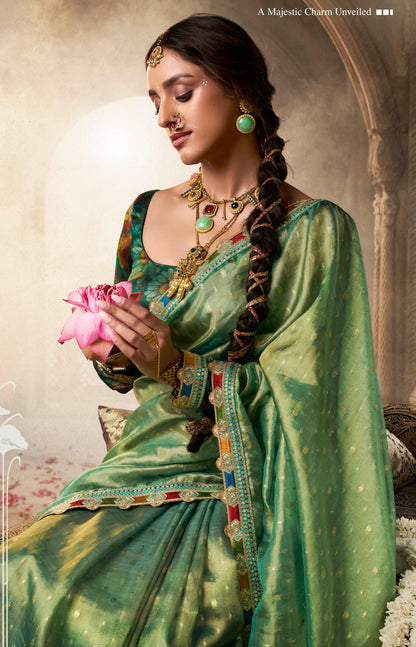 Designer Green Weaving Soft Tissue Silk Saree With Designer Blouse