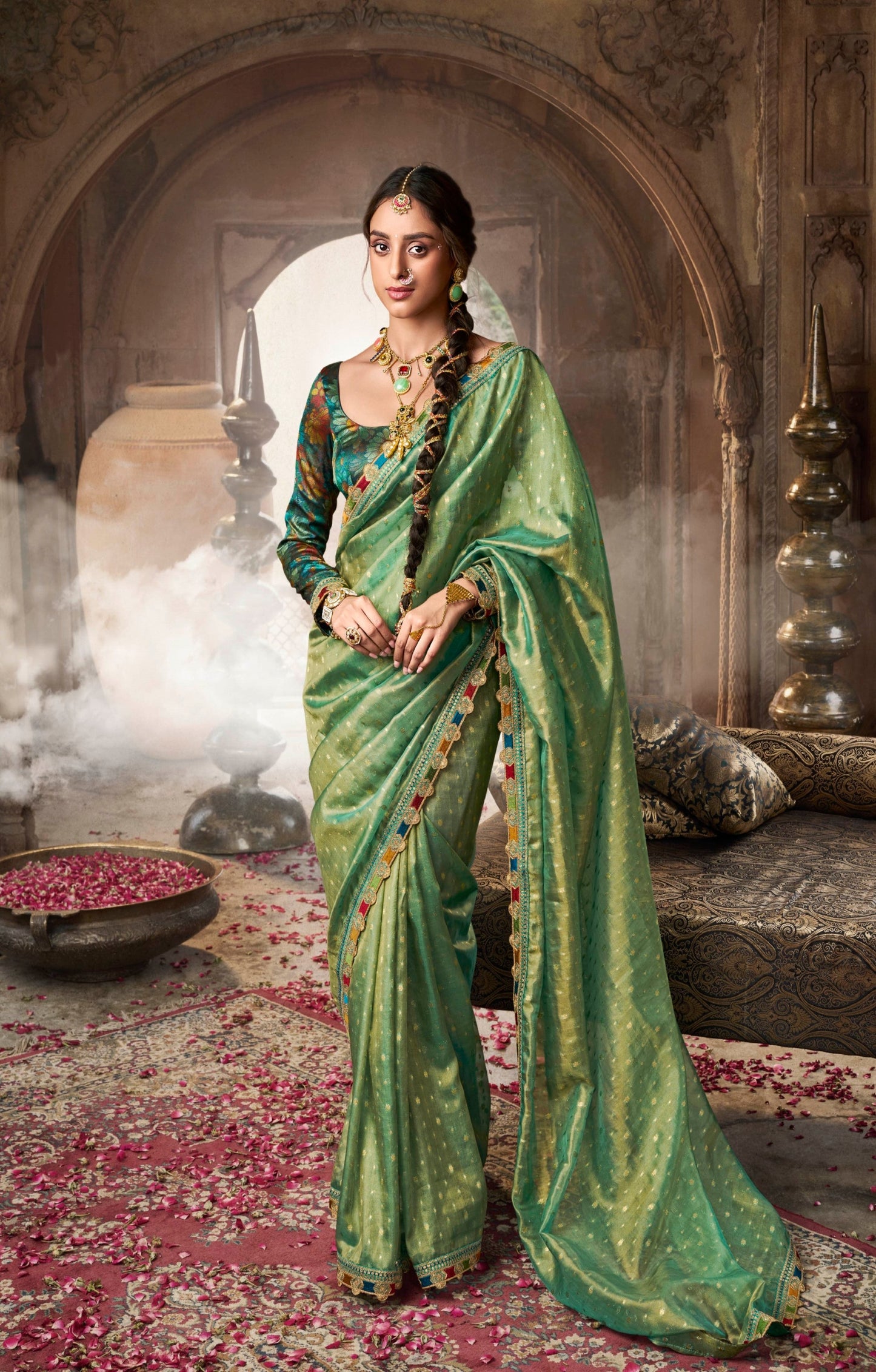 Designer Green Weaving Soft Tissue Silk Saree With Designer Blouse