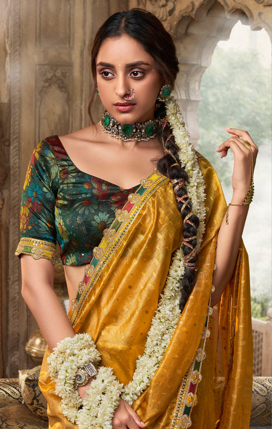 Designer Yellow Weaving Soft Tissue Silk Saree With Designer Blouse