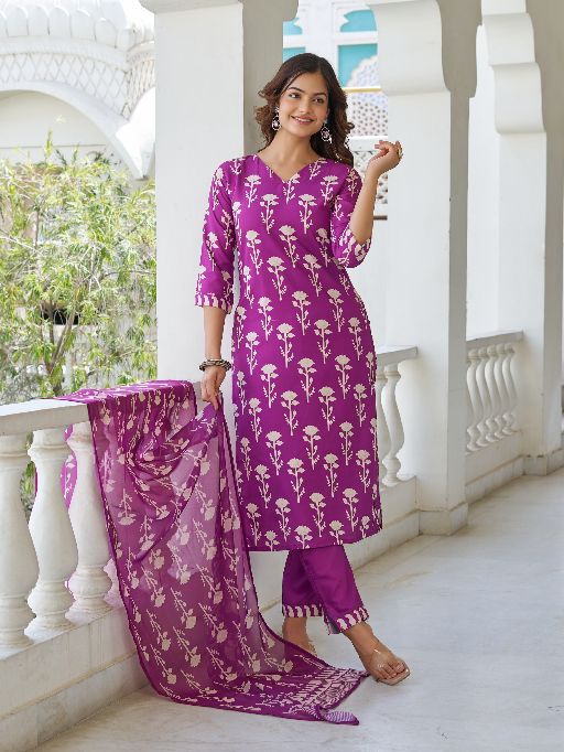 Women Beautiful Cotton Blend Fabric Printed Work Straight Kurta, Pant and Dupatta Set