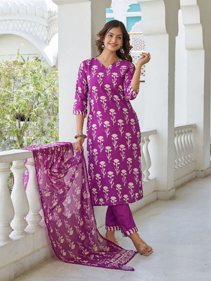 Women Beautiful Cotton Blend Fabric Printed Work Straight Kurta, Pant and Dupatta Set