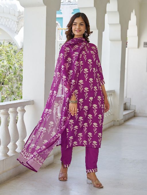 Women Beautiful Cotton Blend Fabric Printed Work Straight Kurta, Pant and Dupatta Set