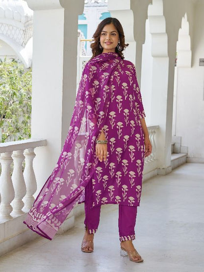 Women Beautiful Cotton Blend Fabric Printed Work Straight Kurta, Pant and Dupatta Set
