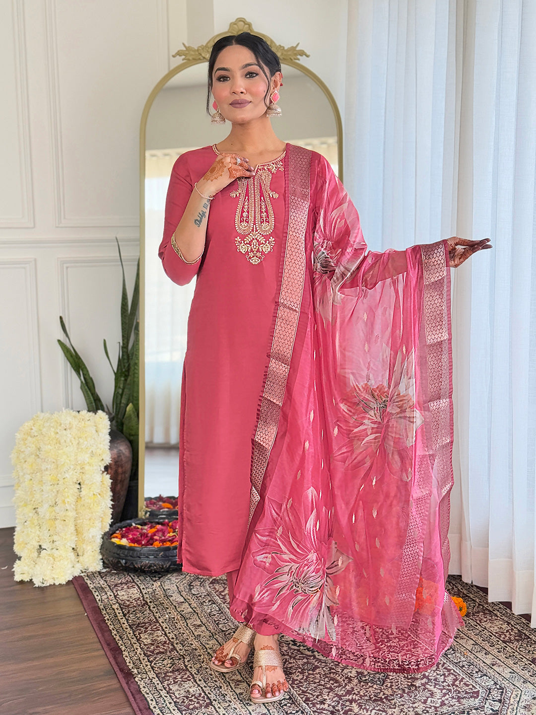 Women's Chanderi Embroidery work Straight Kurta with Pant and Dupatta Set