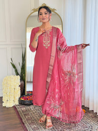 Women's Chanderi Embroidery work Straight Kurta with Pant and Dupatta Set