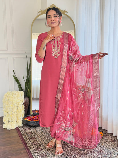 Women's Chanderi Embroidery work Straight Kurta with Pant and Dupatta Set