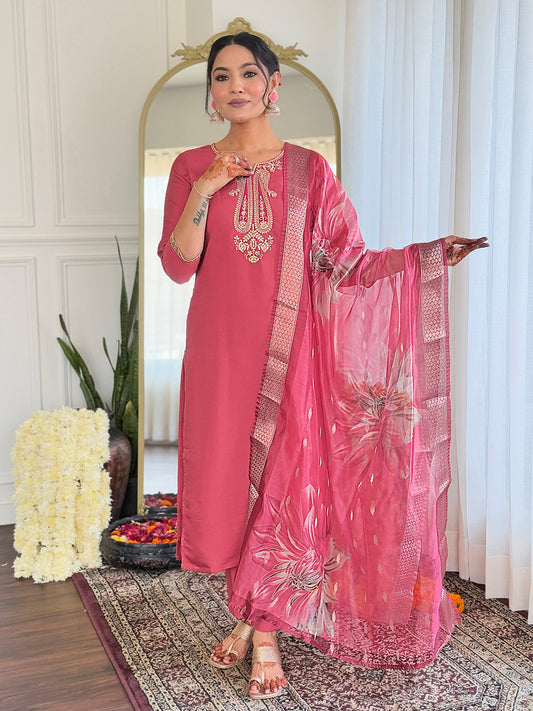 Women's Chanderi Embroidery work Straight Kurta with Pant and Dupatta Set