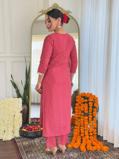 Women's Chanderi Embroidery work Straight Kurta with Pant and Dupatta Set