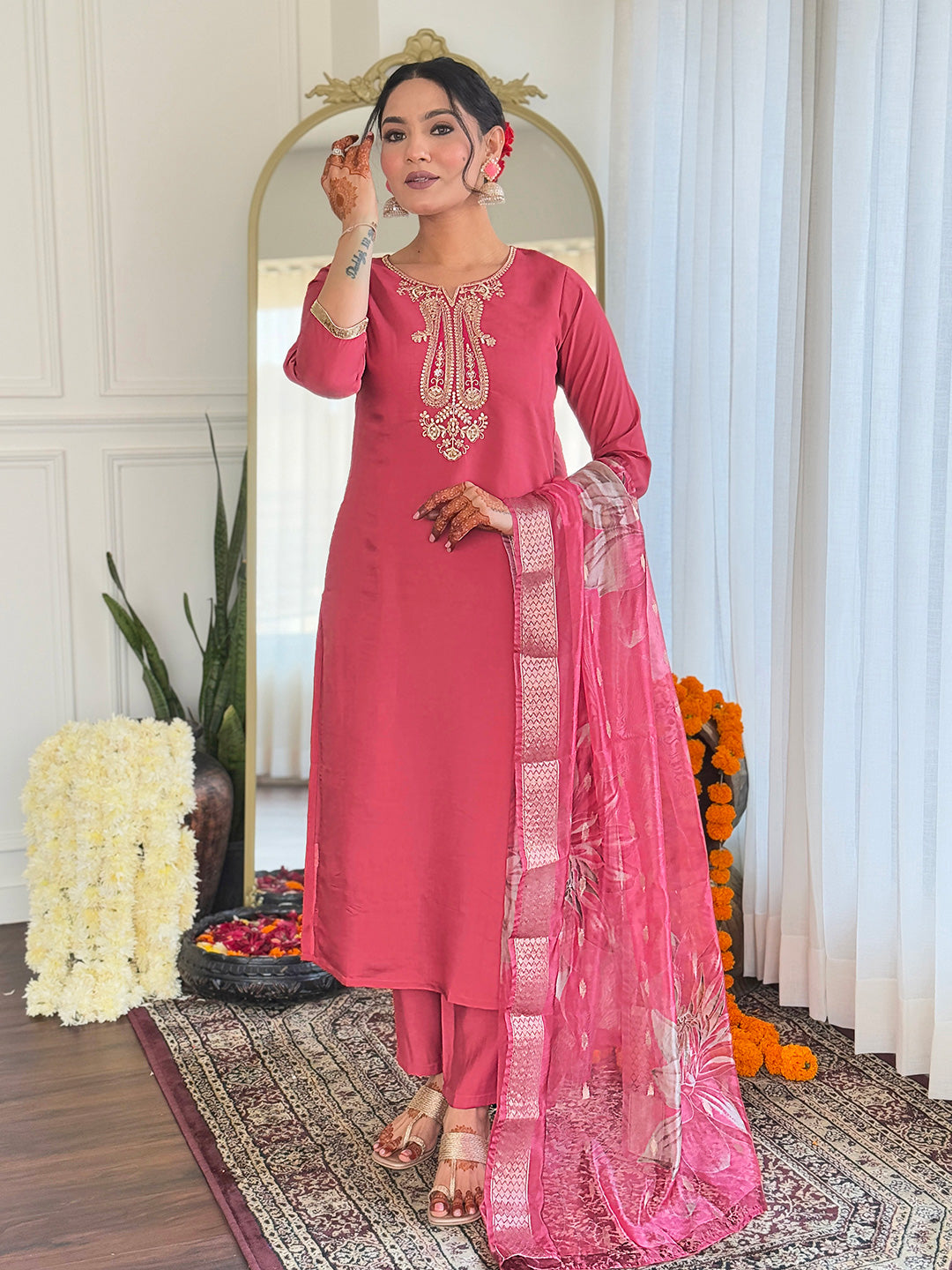 Women's Chanderi Embroidery work Straight Kurta with Pant and Dupatta Set