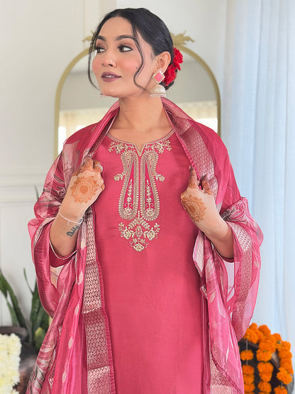 Women's Chanderi Embroidery work Straight Kurta with Pant and Dupatta Set