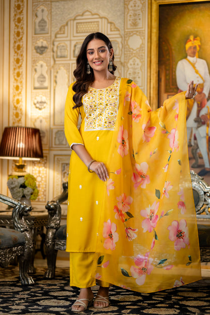 Women's Beautiful Embroidery Work Viscose Rayon Fabric Straight Kurta Pant and Dupatta Set 653