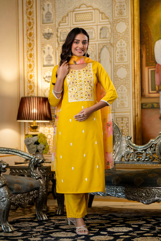 Women's Beautiful Embroidery Work Viscose Rayon Fabric Straight Kurta Pant and Dupatta Set 653
