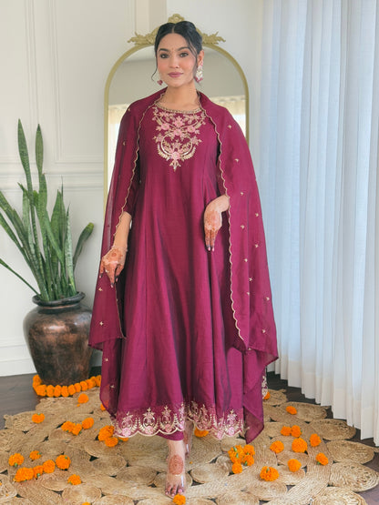 Embroidery Work with Vichitra Silk Fabric A-line Kurta, Pant and Dupatta Set