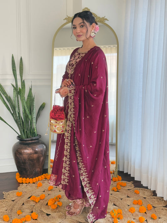 Embroidery Work with Vichitra Silk Fabric A-line Kurta, Pant and Dupatta Set