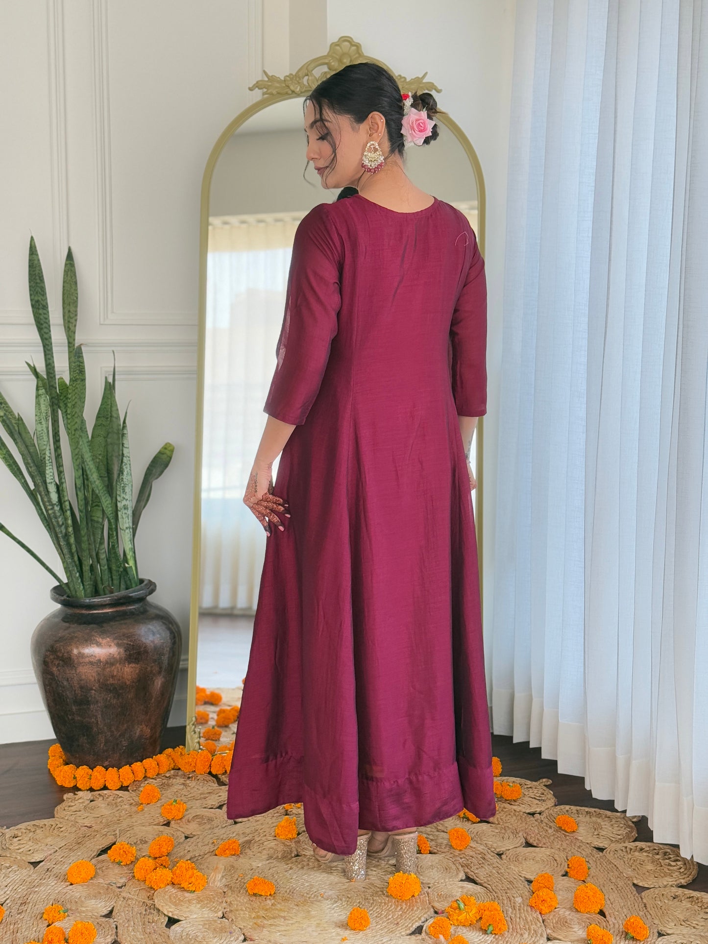 Embroidery Work with Vichitra Silk Fabric A-line Kurta, Pant and Dupatta Set