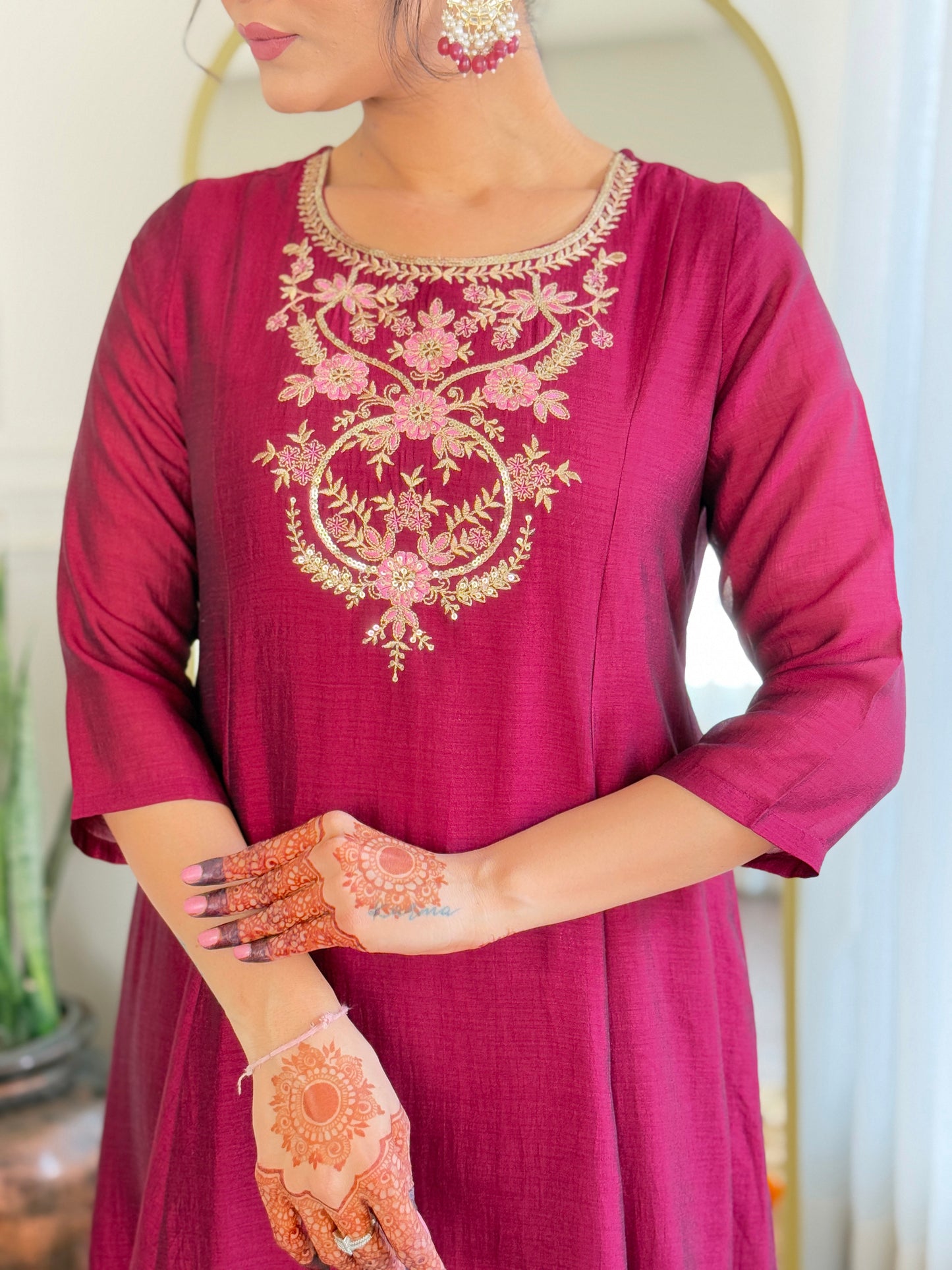 Embroidery Work with Vichitra Silk Fabric A-line Kurta, Pant and Dupatta Set