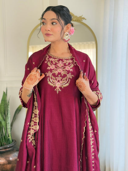 Embroidery Work with Vichitra Silk Fabric A-line Kurta, Pant and Dupatta Set