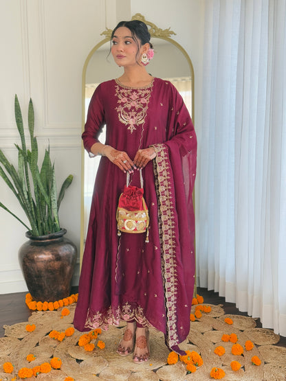 Embroidery Work with Vichitra Silk Fabric A-line Kurta, Pant and Dupatta Set