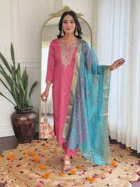 Women Gorgeous Embroidery Work with Viscose Silk Fabric Straight Kurta, Pant and Dupatta Set
