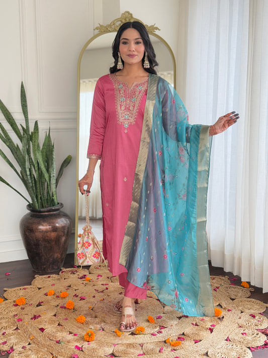 Women Gorgeous Embroidery Work with Viscose Silk Fabric Straight Kurta, Pant and Dupatta Set