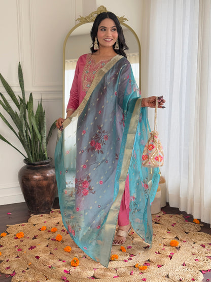 Women Gorgeous Embroidery Work with Viscose Silk Fabric Straight Kurta, Pant and Dupatta Set