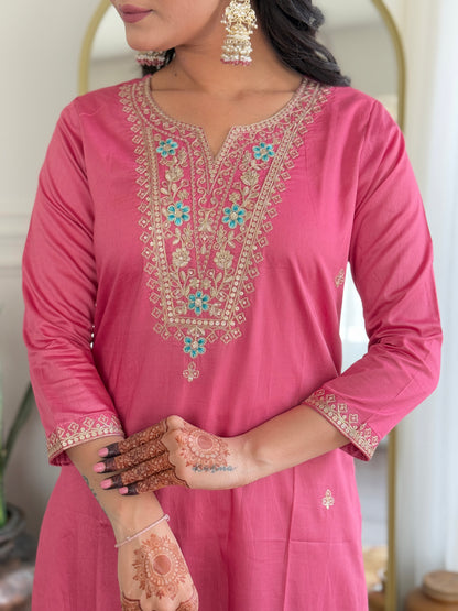 Women Gorgeous Embroidery Work with Viscose Silk Fabric Straight Kurta, Pant and Dupatta Set