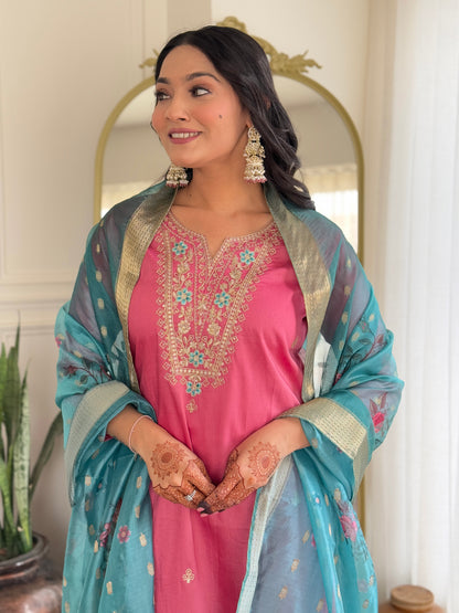 Women Gorgeous Embroidery Work with Viscose Silk Fabric Straight Kurta, Pant and Dupatta Set 657