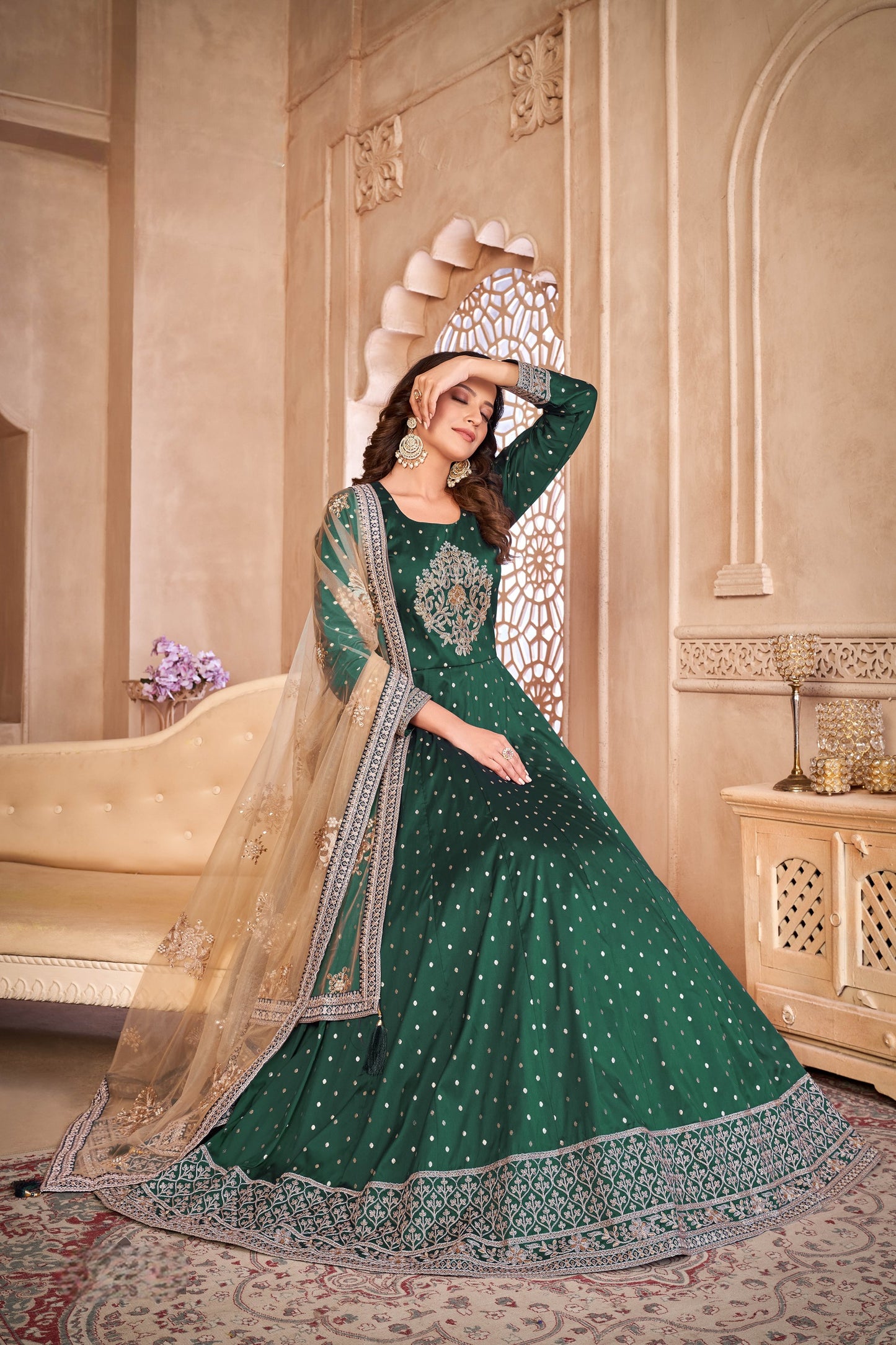 Green Embroidered Tapeta Silk Semi Stitched Anarkali Suit