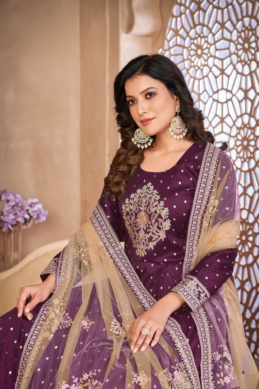 Purple Embroidered Tapeta Silk Semi Stitched Anarkali Suit